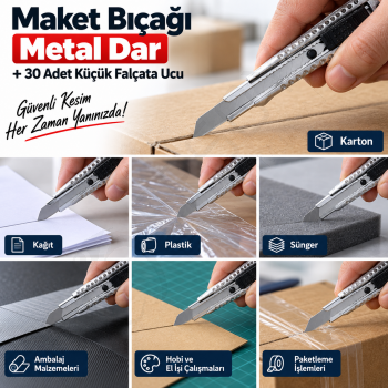 Maket Bıçağı Metal Dar + 30 Adet Küçük Falçata Ucu