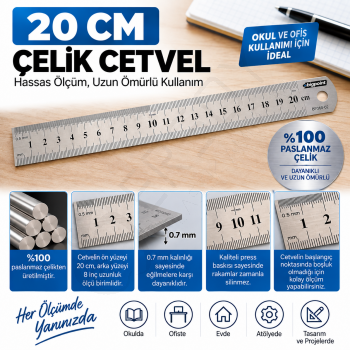 Çelik Cetvel 20 cm. 5 Adet