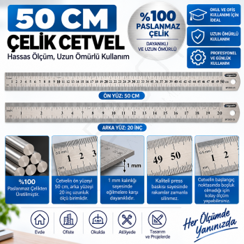 Çelik Cetvel 50 cm. 5 Adet